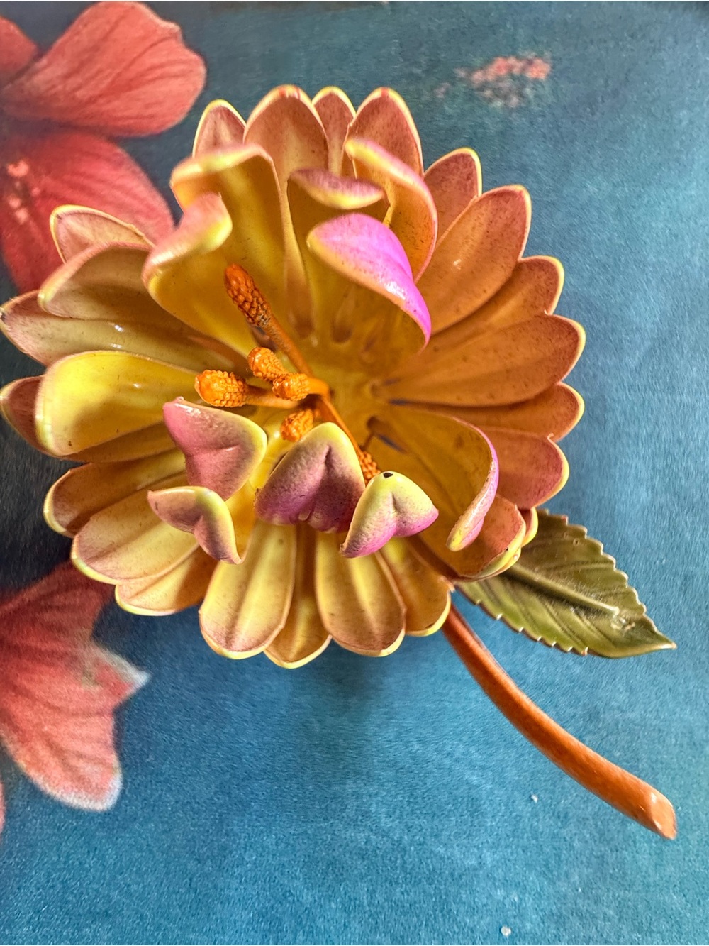 Large Decorative Pink and Yellow Lotus Flower Brooch.